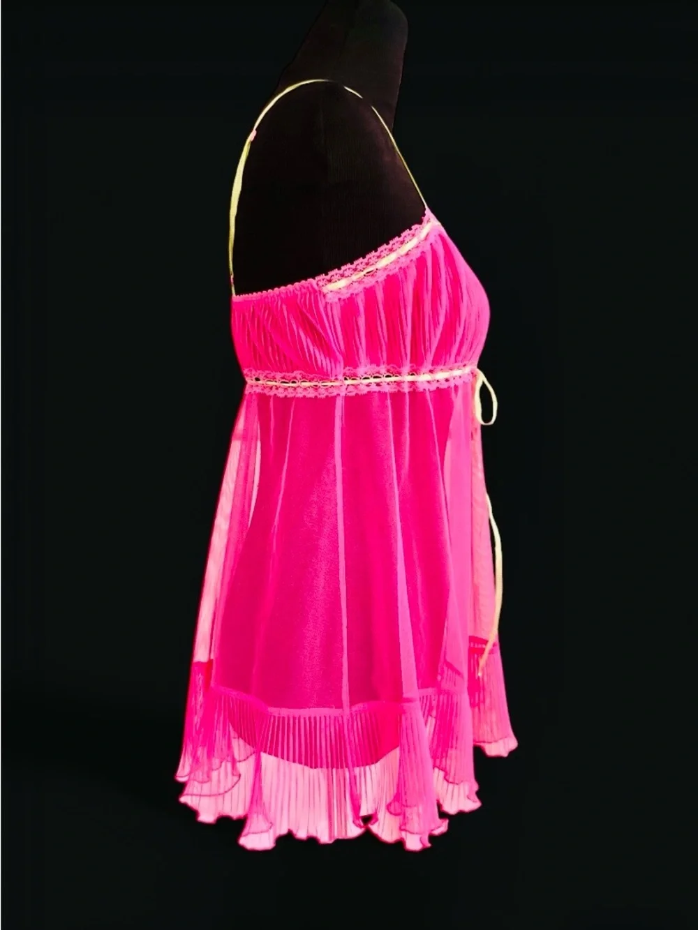 Victoria Secret Vintage Sheer Pink Babydoll Chemise with Yellow Contrast Trim